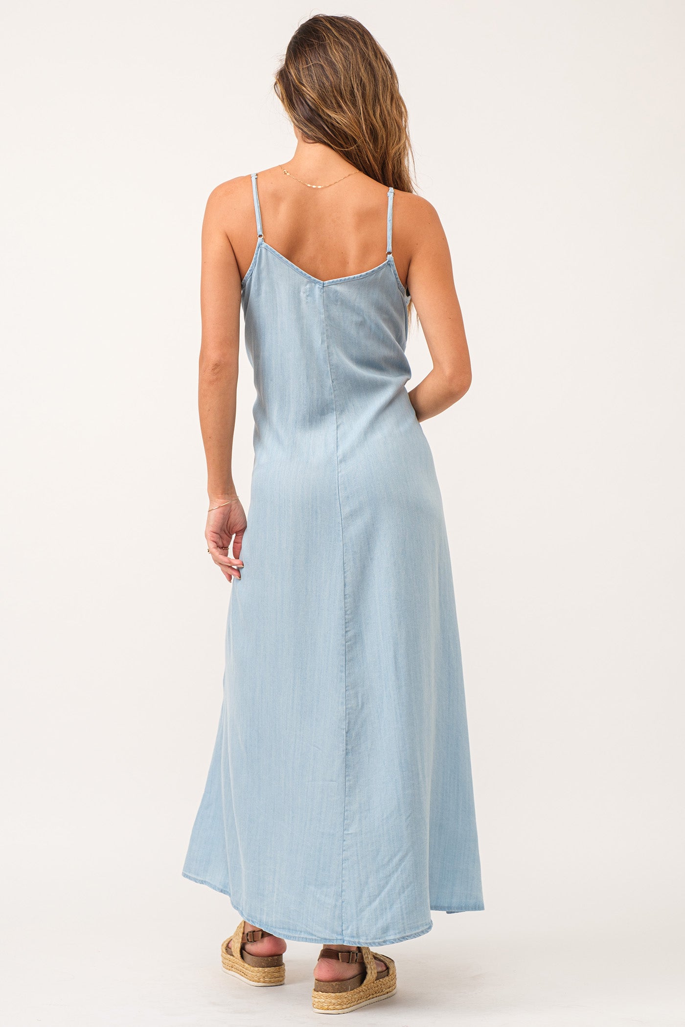 image of a female model wearing a DANA MAXI DRESS PERFECT BLUE DEAR JOHN DENIM 