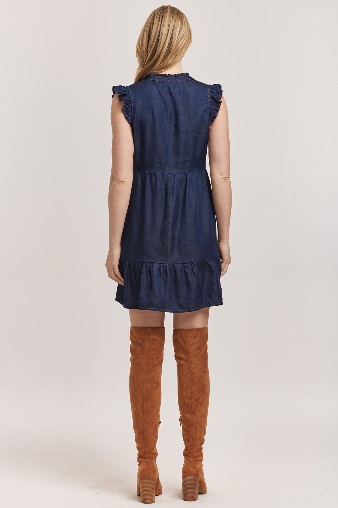 image of a female model wearing a BERENICE SLEEVELESS DRESS DARK DENIM TENCEL DEAR JOHN DENIM 