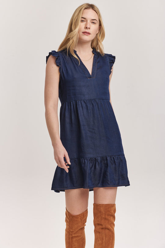 image of a female model wearing a BERENICE SLEEVELESS DRESS DARK DENIM TENCEL DEAR JOHN DENIM 