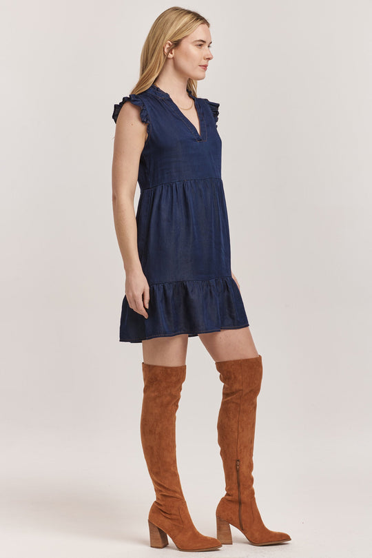 image of a female model wearing a BERENICE SLEEVELESS DRESS DARK DENIM TENCEL DEAR JOHN DENIM 