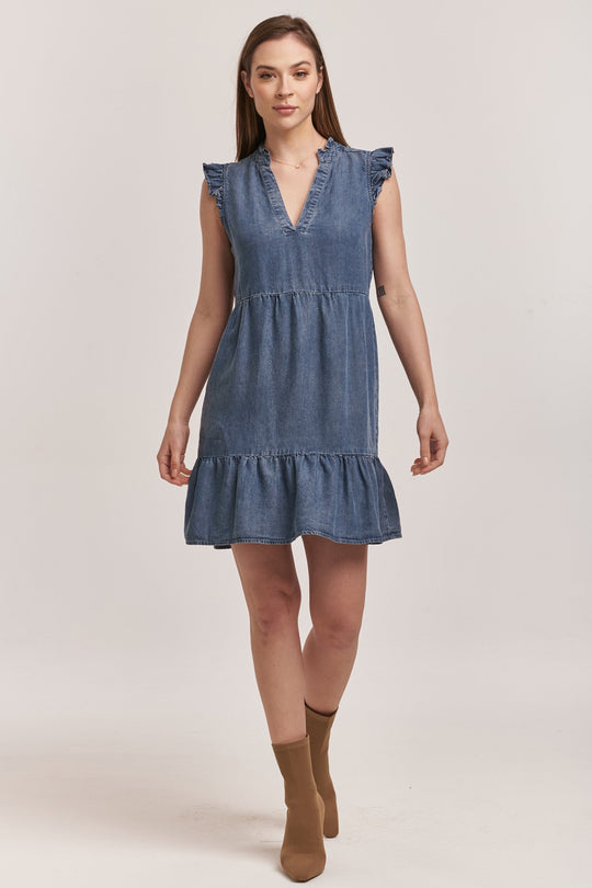 image of a female model wearing a BERENICE SLEEVELESS DRESS INDEPENDENCE BLUE TENCEL DEAR JOHN DENIM 