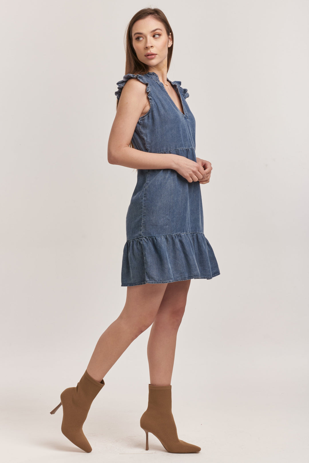 image of a female model wearing a BERENICE SLEEVELESS DRESS INDEPENDENCE BLUE TENCEL DEAR JOHN DENIM 