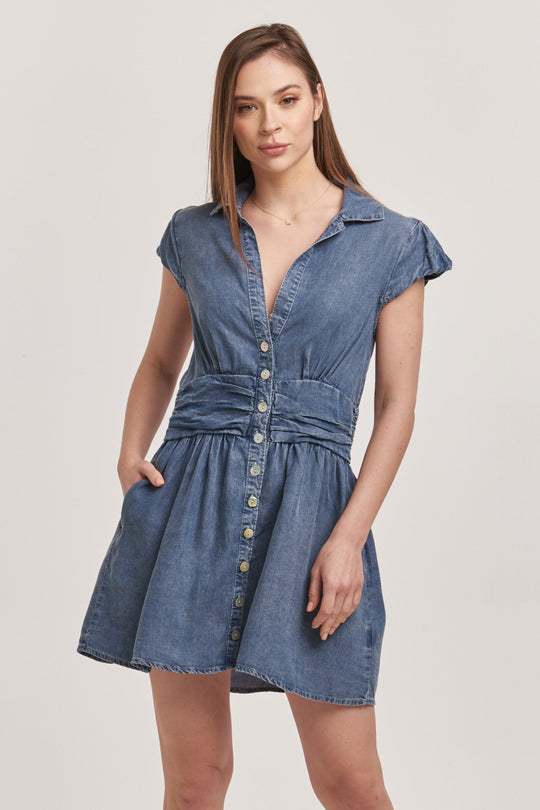 image of a female model wearing a SAWYER BUTTON DOWN DRESS INDEPENDENCE BLUE TENCEL DEAR JOHN DENIM 