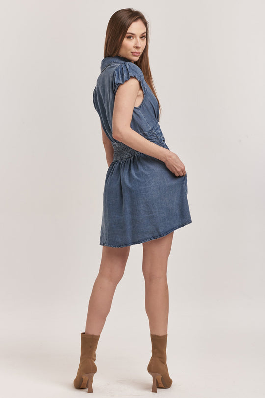 image of a female model wearing a SAWYER BUTTON DOWN DRESS INDEPENDENCE BLUE TENCEL DEAR JOHN DENIM 