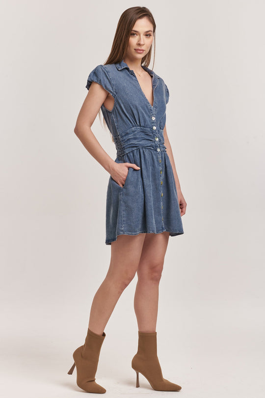 image of a female model wearing a SAWYER BUTTON DOWN DRESS INDEPENDENCE BLUE TENCEL DEAR JOHN DENIM 