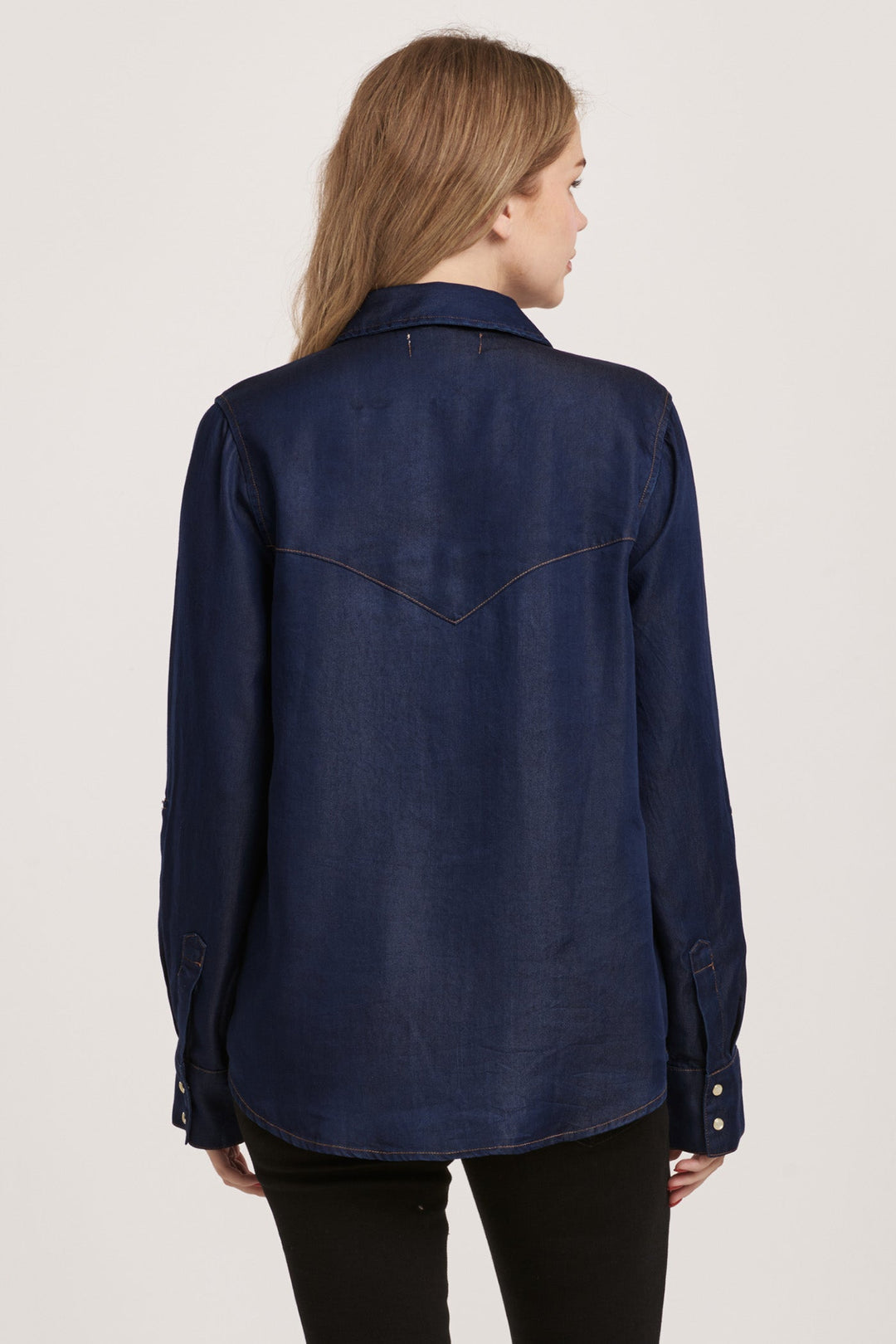 image of a female model wearing a STAR WESTERN SHIRT DARK DENIM TENCEL DEAR JOHN DENIM 