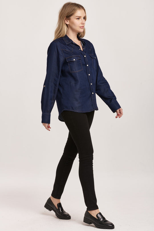 image of a female model wearing a STAR WESTERN SHIRT DARK DENIM TENCEL DEAR JOHN DENIM 