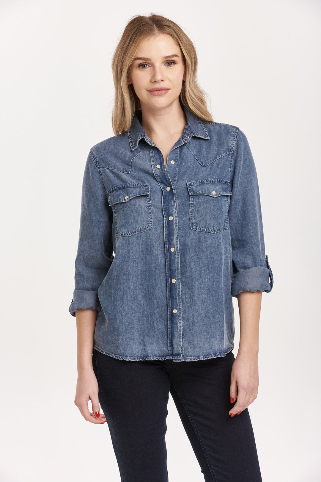 image of a female model wearing a STAR WESTERN SHIRT INDEPENDENCE BLUE TENCEL DEAR JOHN DENIM 