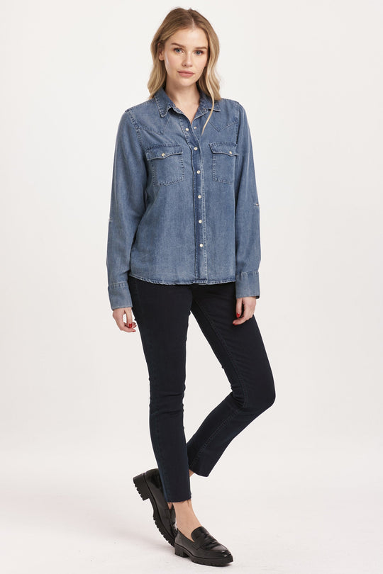 image of a female model wearing a STAR WESTERN SHIRT INDEPENDENCE BLUE TENCEL DEAR JOHN DENIM 