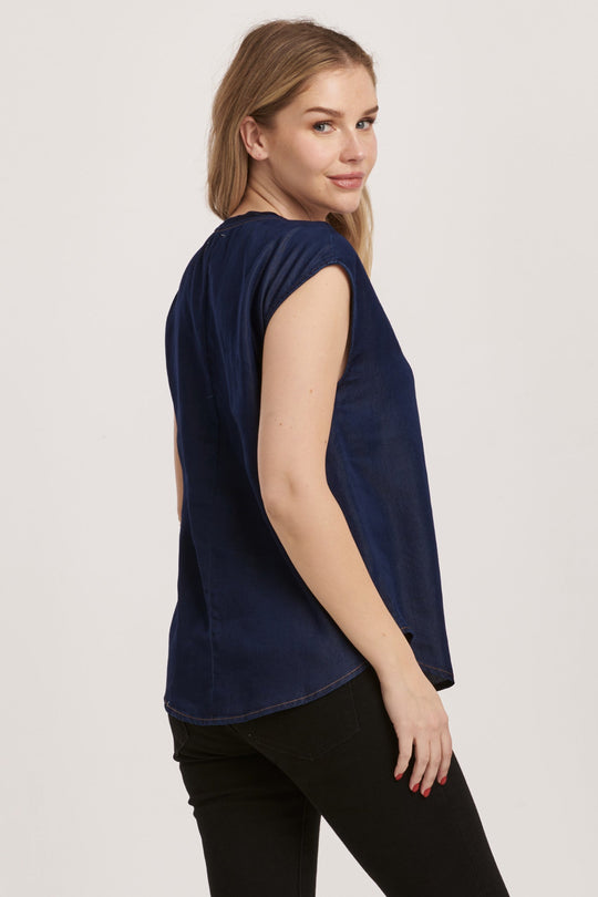 image of a female model wearing a YANIS SLEEVELESS TOP DARK DENIM DEAR JOHN DENIM 