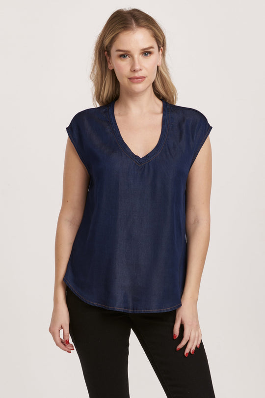 image of a female model wearing a YANIS SLEEVELESS TOP DARK DENIM DEAR JOHN DENIM 