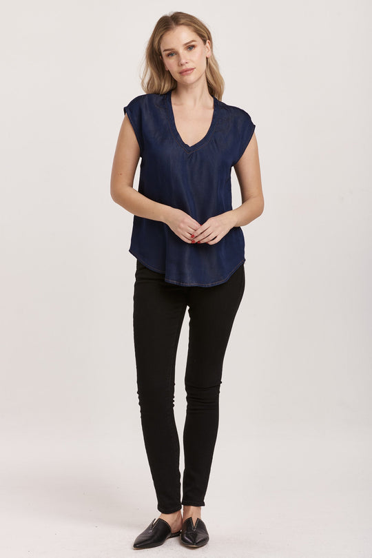 image of a female model wearing a YANIS SLEEVELESS TOP DARK DENIM DEAR JOHN DENIM 