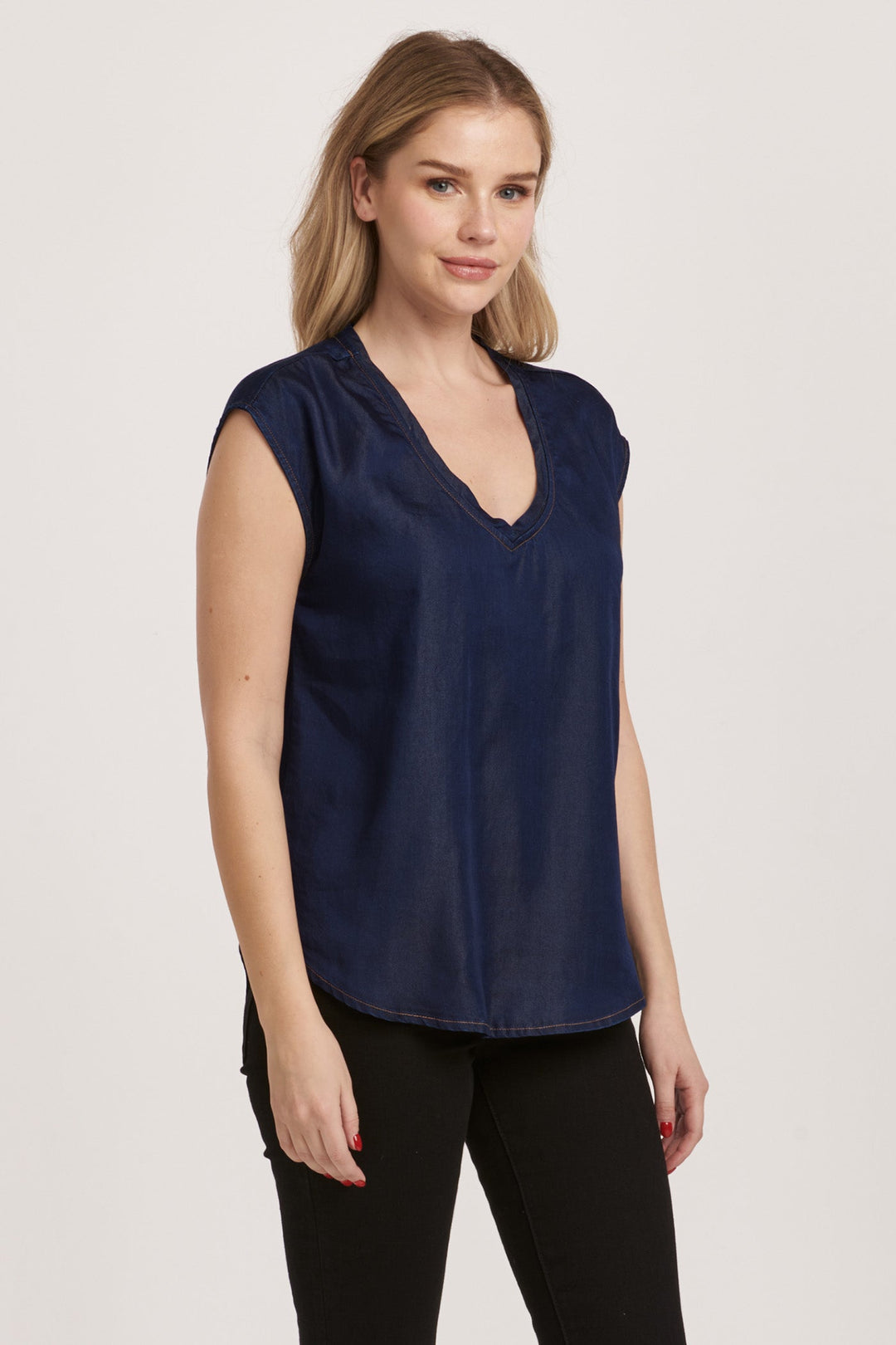 image of a female model wearing a YANIS SLEEVELESS TOP DARK DENIM DEAR JOHN DENIM 