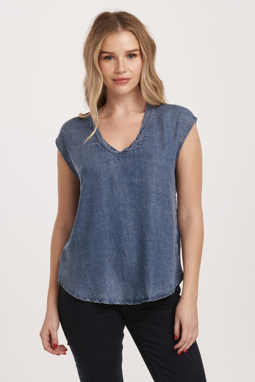 image of a female model wearing a YANIS SLEEVELESS TOP INDEPENDENCE BLUE DEAR JOHN DENIM 