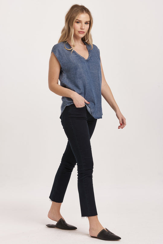 image of a female model wearing a YANIS SLEEVELESS TOP INDEPENDENCE BLUE DEAR JOHN DENIM 