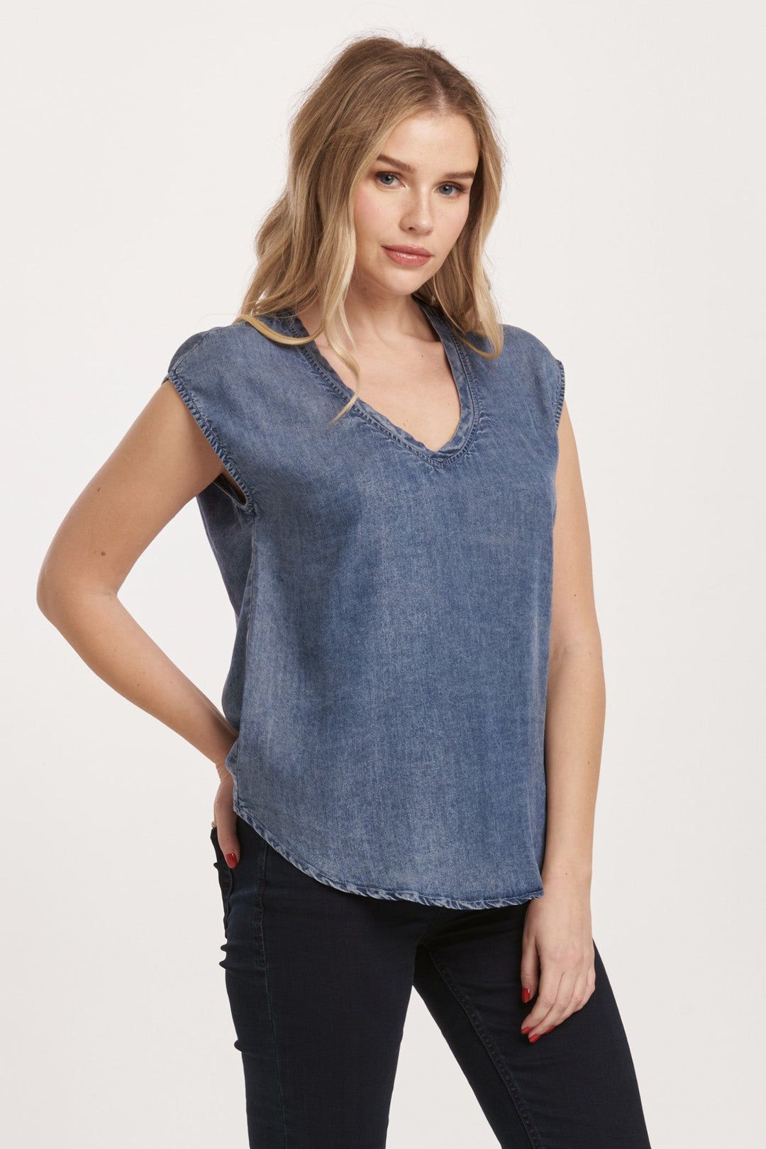 image of a female model wearing a YANIS SLEEVELESS TOP INDEPENDENCE BLUE DEAR JOHN DENIM 