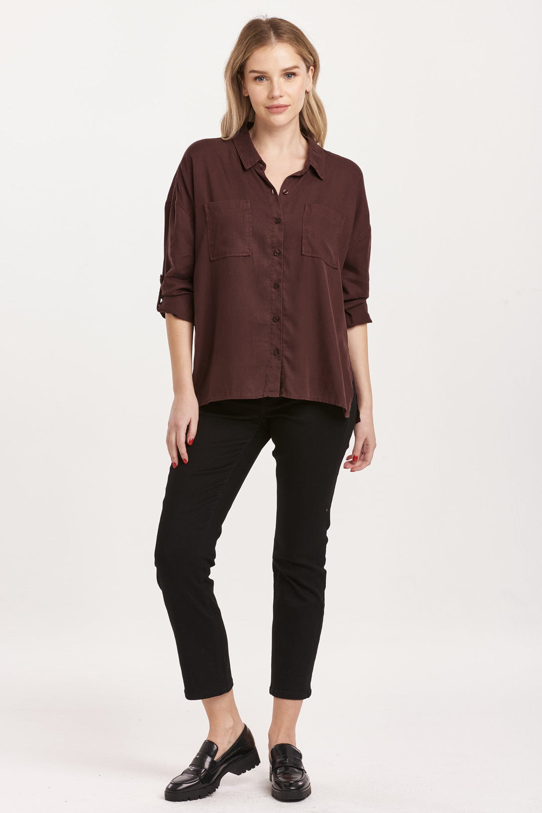 image of a female model wearing a ARIANNA FRONT TIE SHIRT GROUND COFFEE TENCEL DEAR JOHN DENIM 