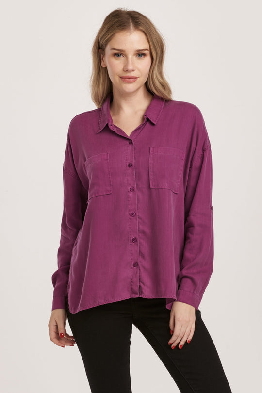 image of a female model wearing a ARIANNA FRONT TIE SHIRT MURSAKI PURPLE TENCEL DEAR JOHN DENIM 