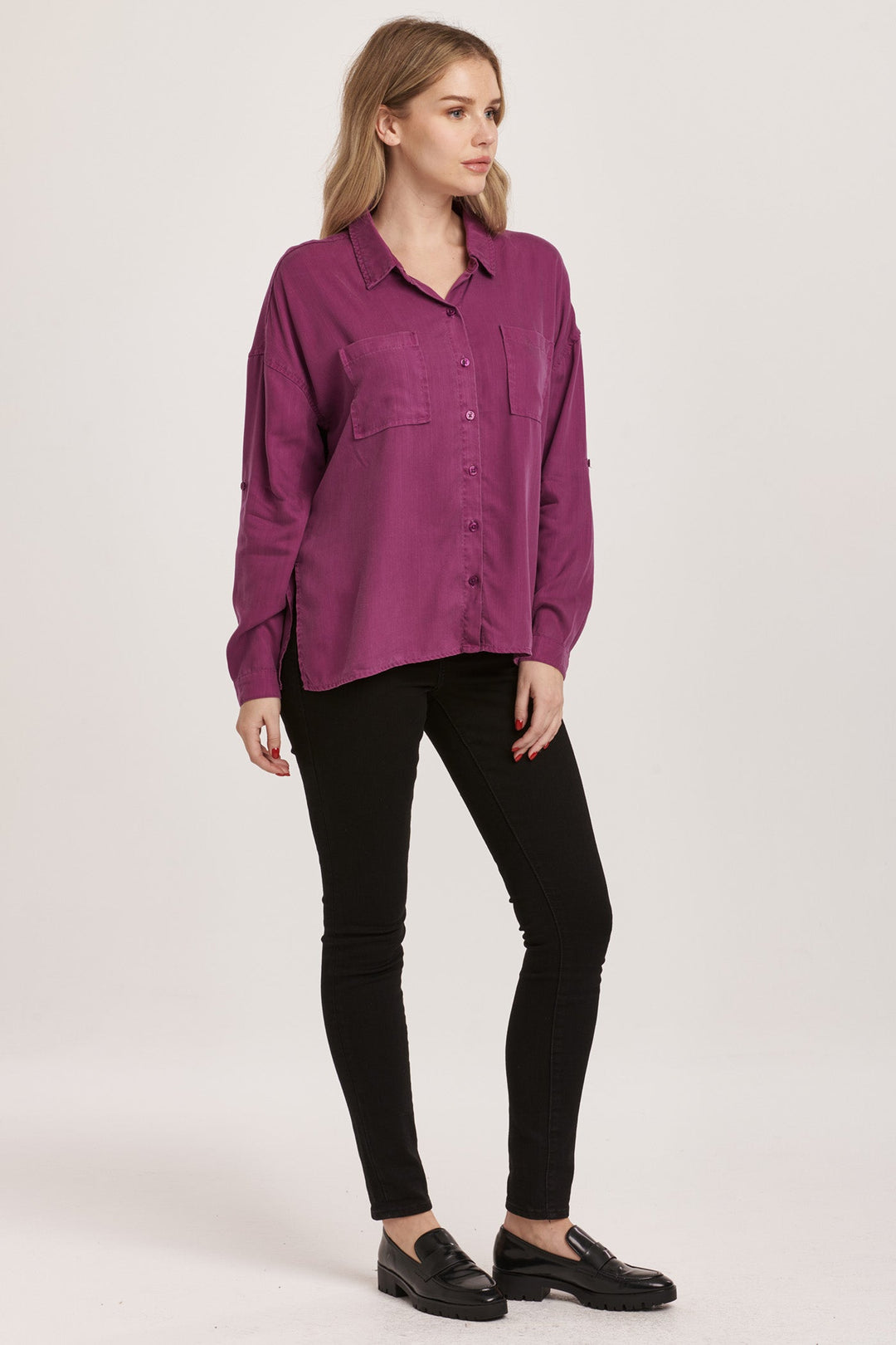 image of a female model wearing a ARIANNA FRONT TIE SHIRT MURSAKI PURPLE TENCEL DEAR JOHN DENIM 