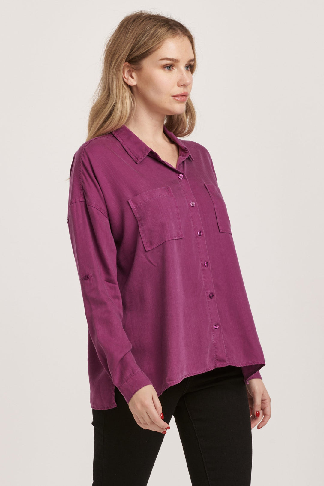 image of a female model wearing a ARIANNA FRONT TIE SHIRT MURSAKI PURPLE TENCEL DEAR JOHN DENIM 