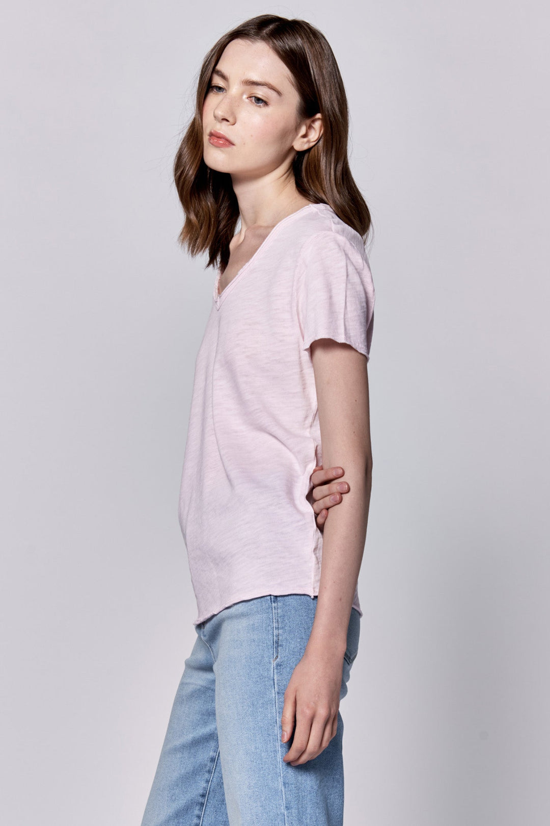 image of a female model wearing a VANYA V-NECK SHORT SLEEVE SLUB JERSEY TOP PINK A BOO DEAR JOHN DENIM 