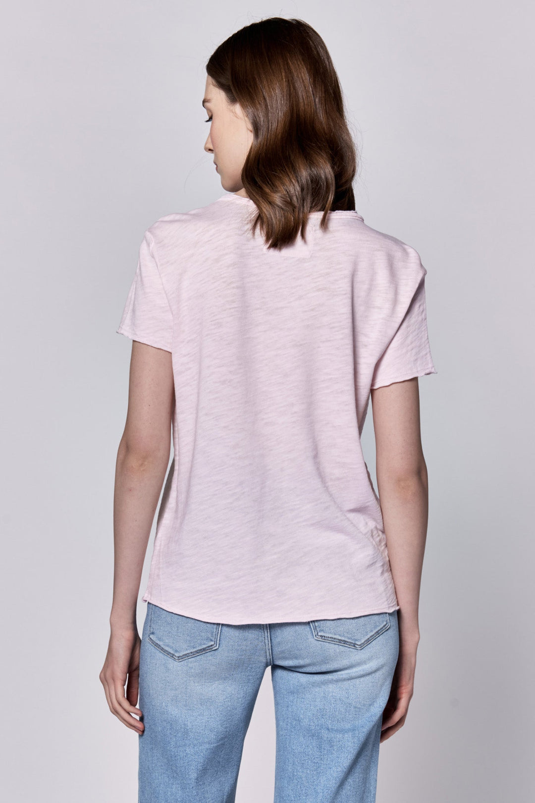 image of a female model wearing a VANYA V-NECK SHORT SLEEVE SLUB JERSEY TOP PINK A BOO DEAR JOHN DENIM 