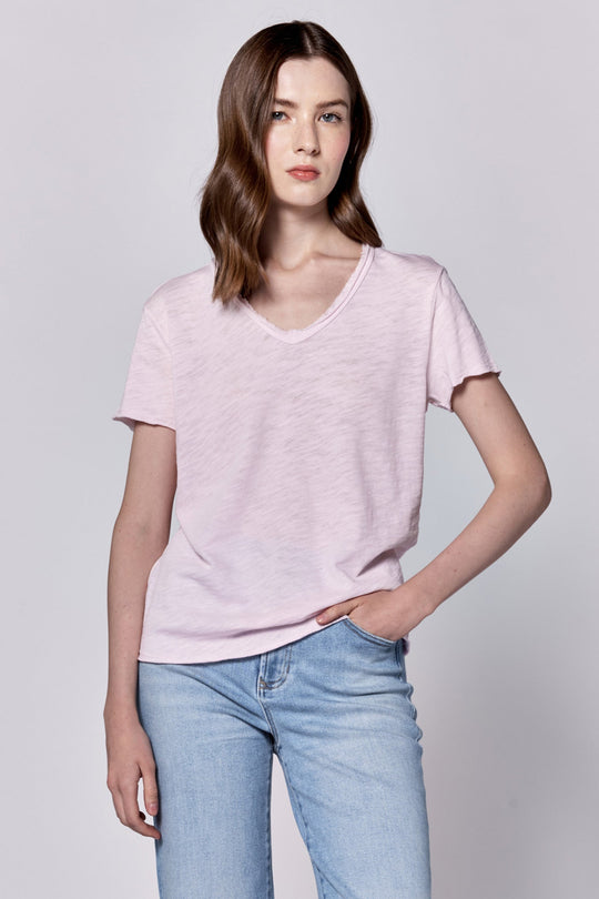 image of a female model wearing a VANYA V-NECK SHORT SLEEVE SLUB JERSEY TOP PINK A BOO DEAR JOHN DENIM 