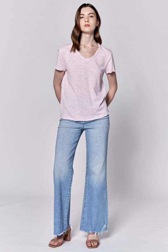 image of a female model wearing a VANYA V-NECK SHORT SLEEVE SLUB JERSEY TOP PINK A BOO DEAR JOHN DENIM 