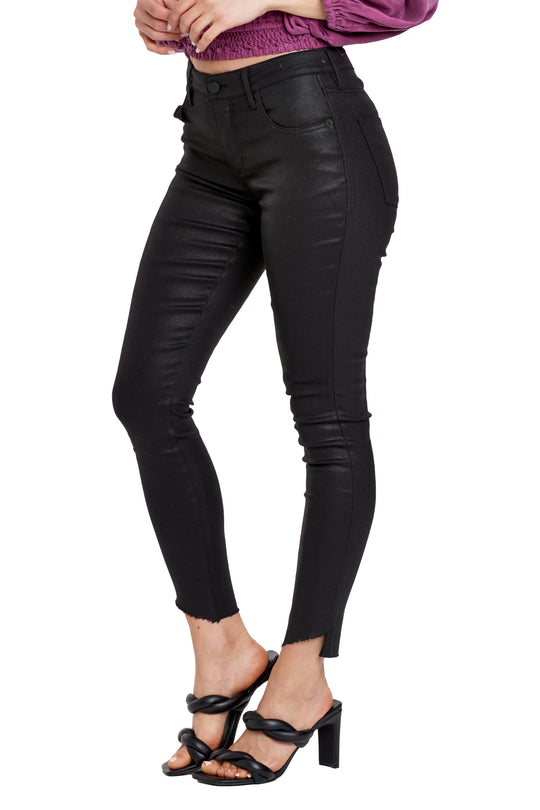 GISELE HIGH RISE ANKLE SKINNY PANTS BLACK COATED