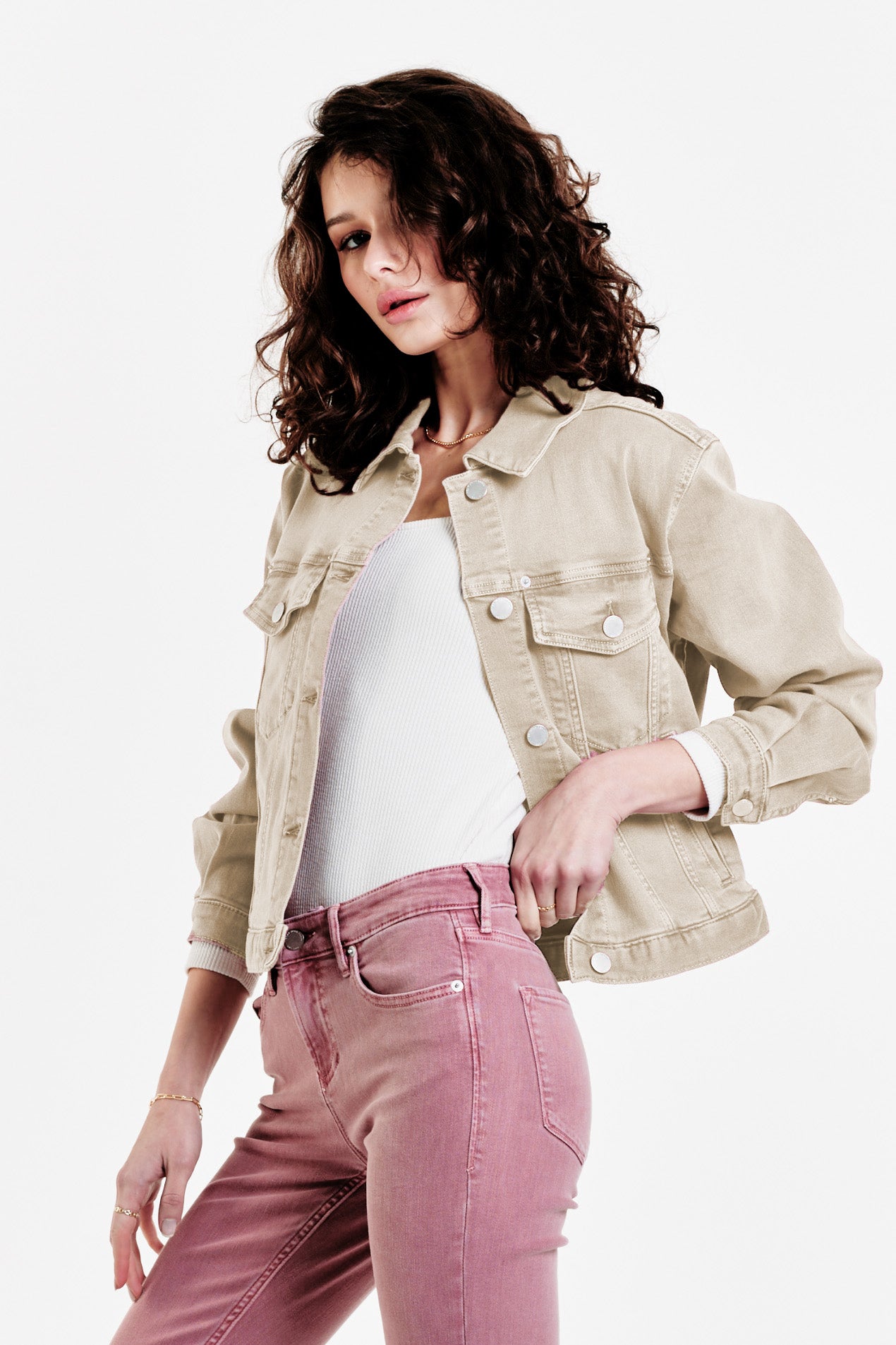 image of a female model wearing a JULES COLOR DENIM JACKET WHEAT DEAR JOHN DENIM 