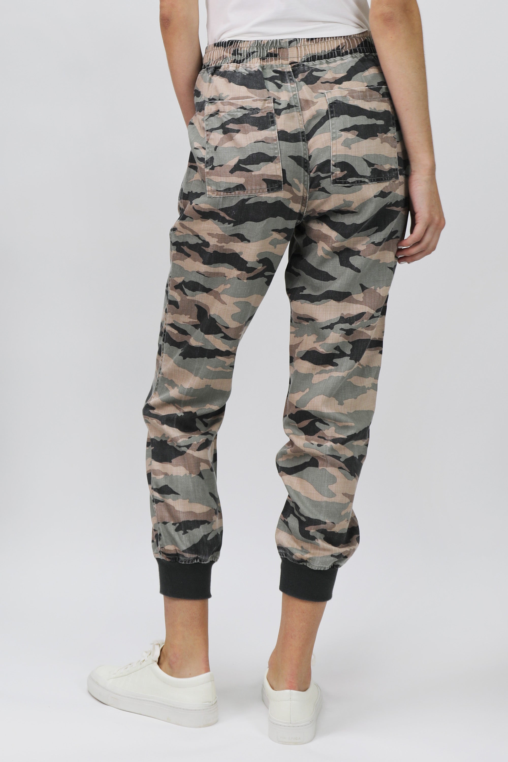 image of a female model wearing a JACEY SUPER HIGH RISE CROPPED JOGGER PANTS SAGE CAMO DEAR JOHN DENIM 