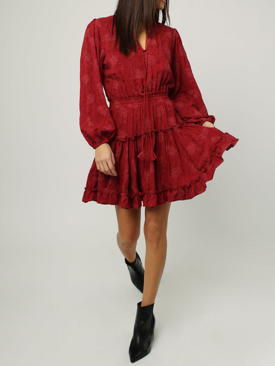 image of a female model wearing a ABELLA LONG SLEEVE FRONT NECK TIE DRESS RED DAHLIA DEAR JOHN DENIM 