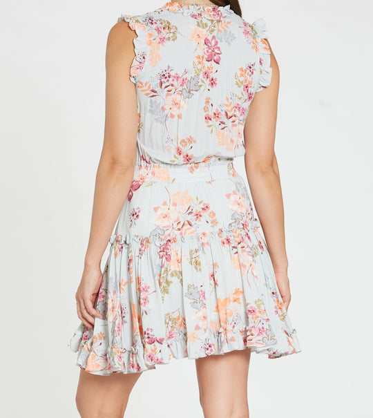image of a female model wearing a MELODIE TIERED SKIRT DRESS IN SPRING BLOOM PRINT DEAR JOHN DENIM 