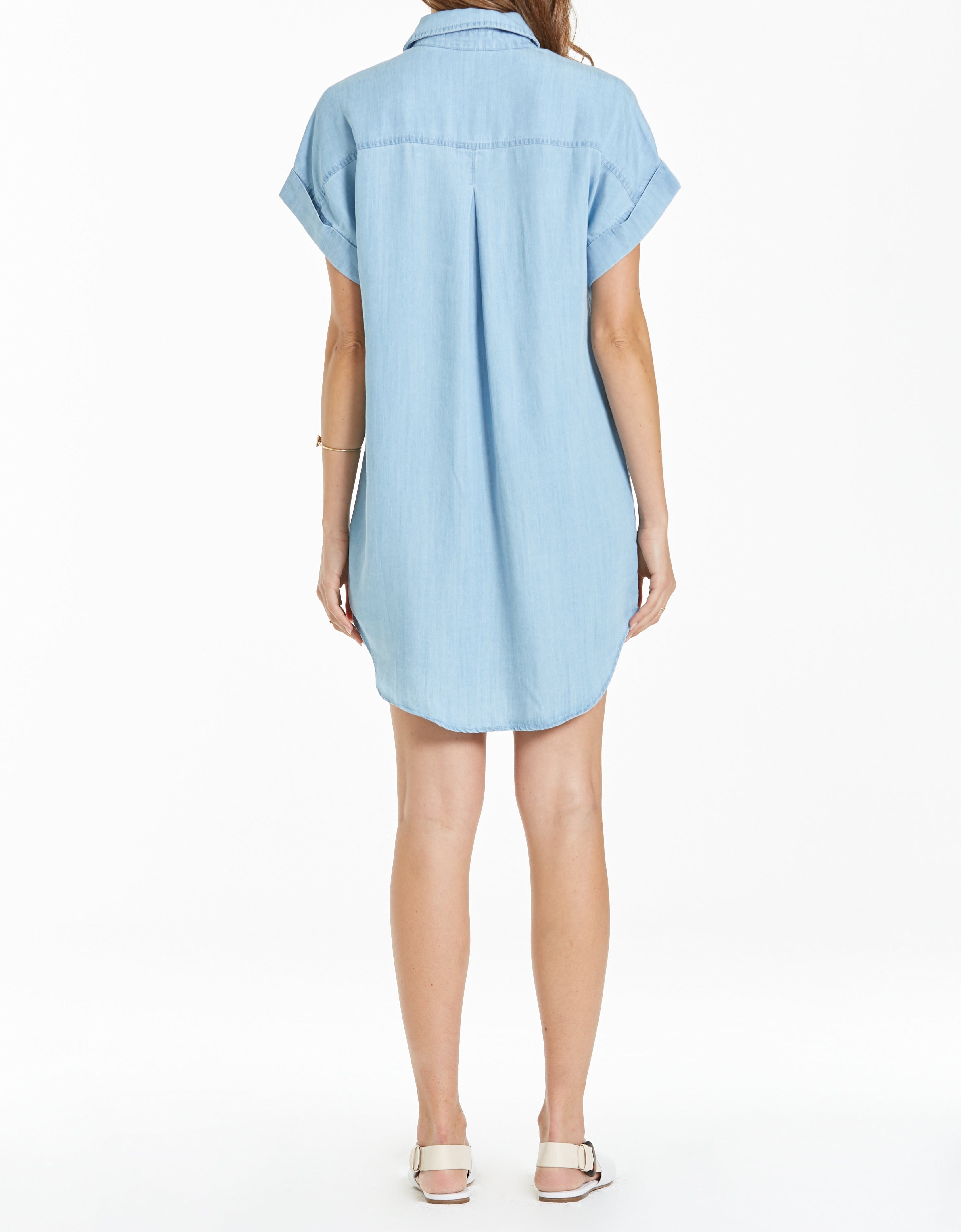 image of a female model wearing a DESTINY BUTTON FRONT SHIRT DRESS BEL AIR BLUE DRESSES