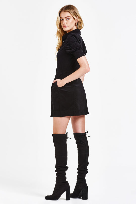 image of a female model wearing a ADELINE BUTTON DOWN DRESS BLACK CORDUROY DEAR JOHN DENIM 