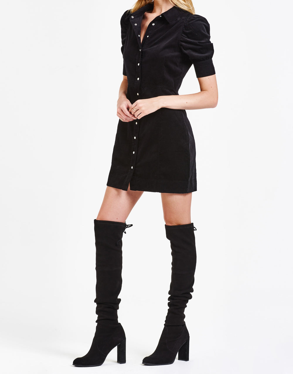 image of a female model wearing a ADELINE BUTTON DOWN DRESS BLACK CORDUROY DEAR JOHN DENIM 