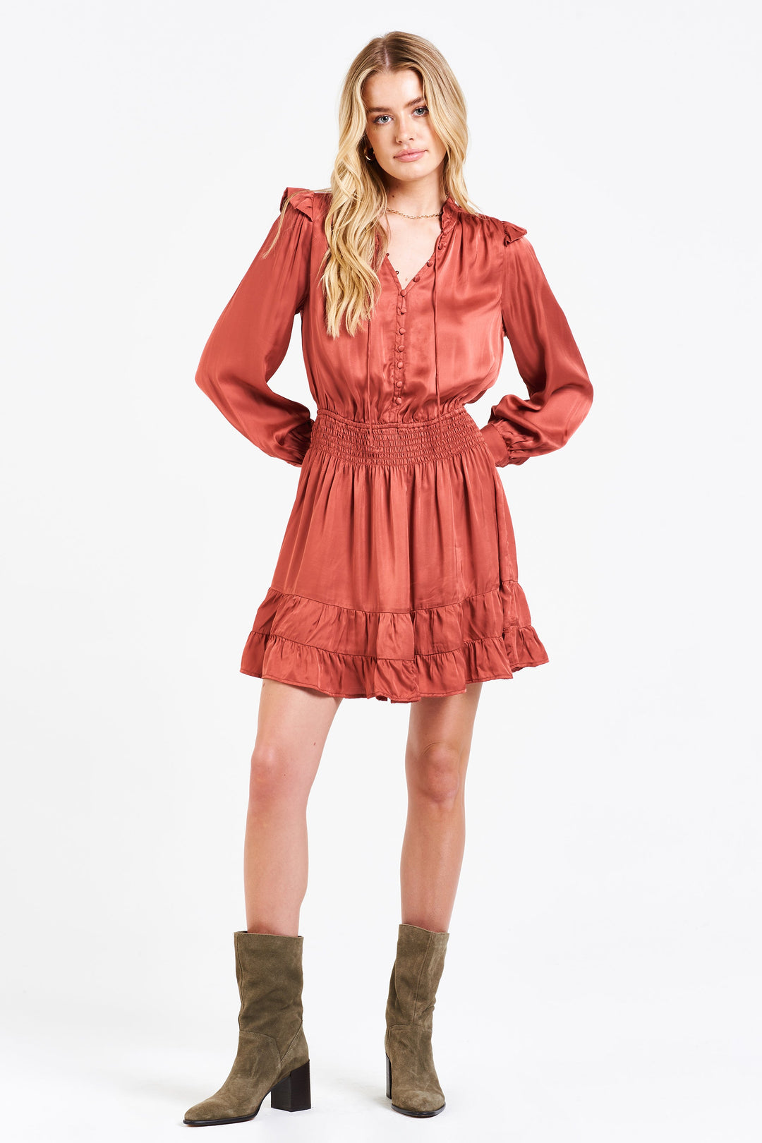 image of a female model wearing a SOPHIE RUFFLE DRESS MELLOW MAUVE | DEAR JOHN DENIM DRESSES