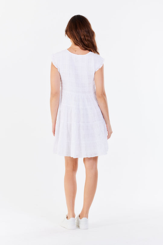 image of a female model wearing a SADIE SLEEVELESS DRESS WHITE DEAR JOHN DENIM 