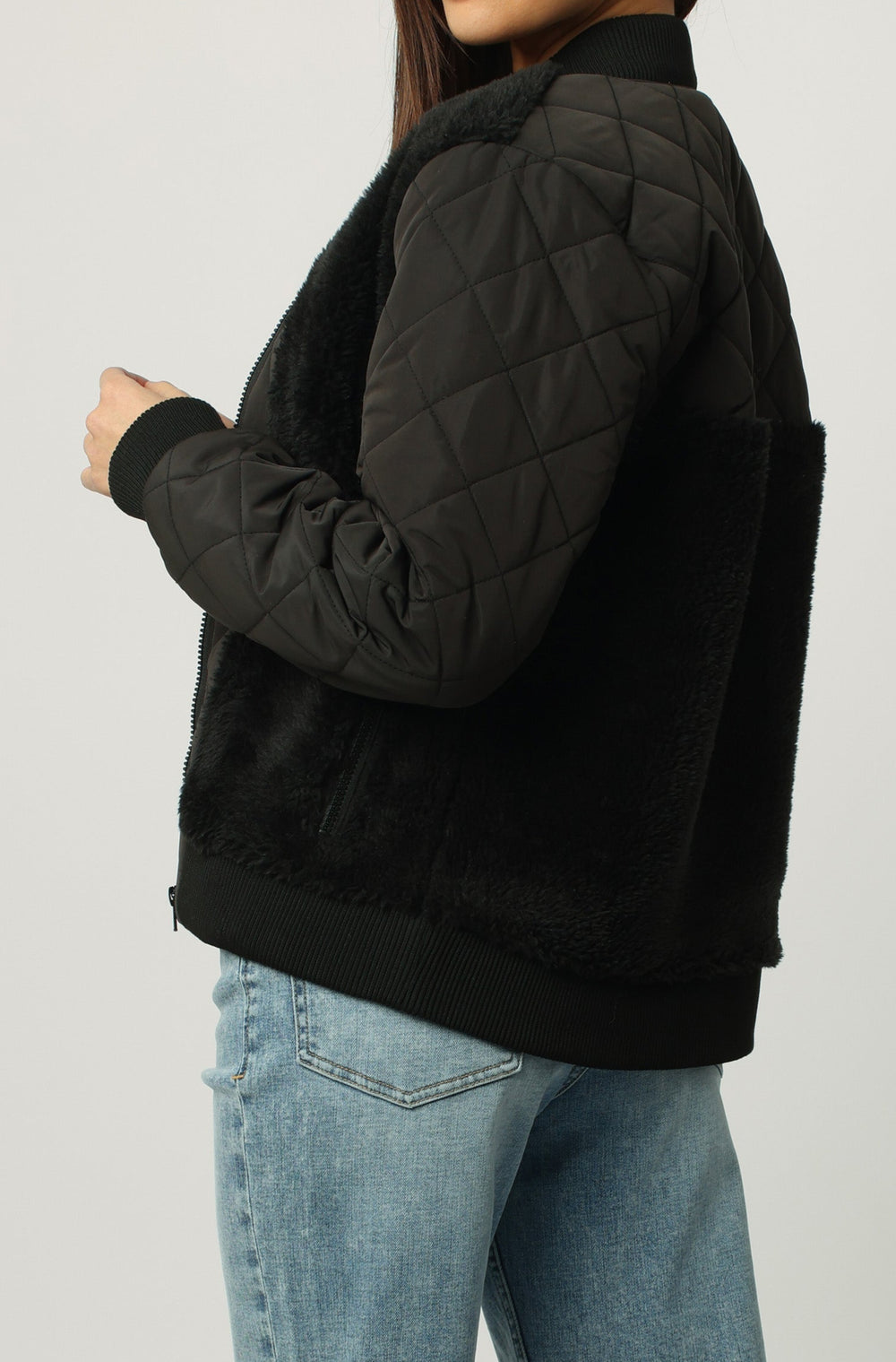 image of a female model wearing a VANESSA QUILTED SHERPA JACKET BLACK DEAR JOHN DENIM 