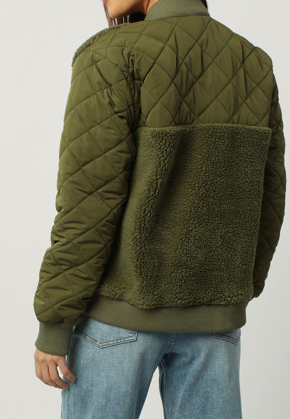 image of a female model wearing a VANESSA QUILTED SHERPA JACKET PINE GREEN DEAR JOHN DENIM 