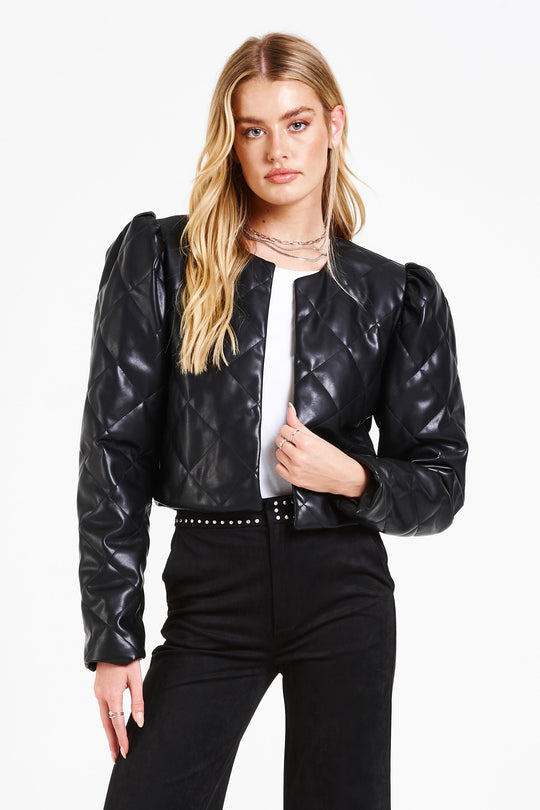 image of a female model wearing a OLYMPIA QUILTED CROPPED JACKET BLACK DEAR JOHN DENIM 
