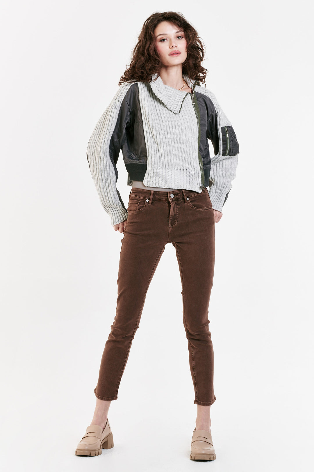 image of a female model wearing a JESSIE MIX MEDIA SWEATER JACKET GRAYSCALE DEAR JOHN DENIM 