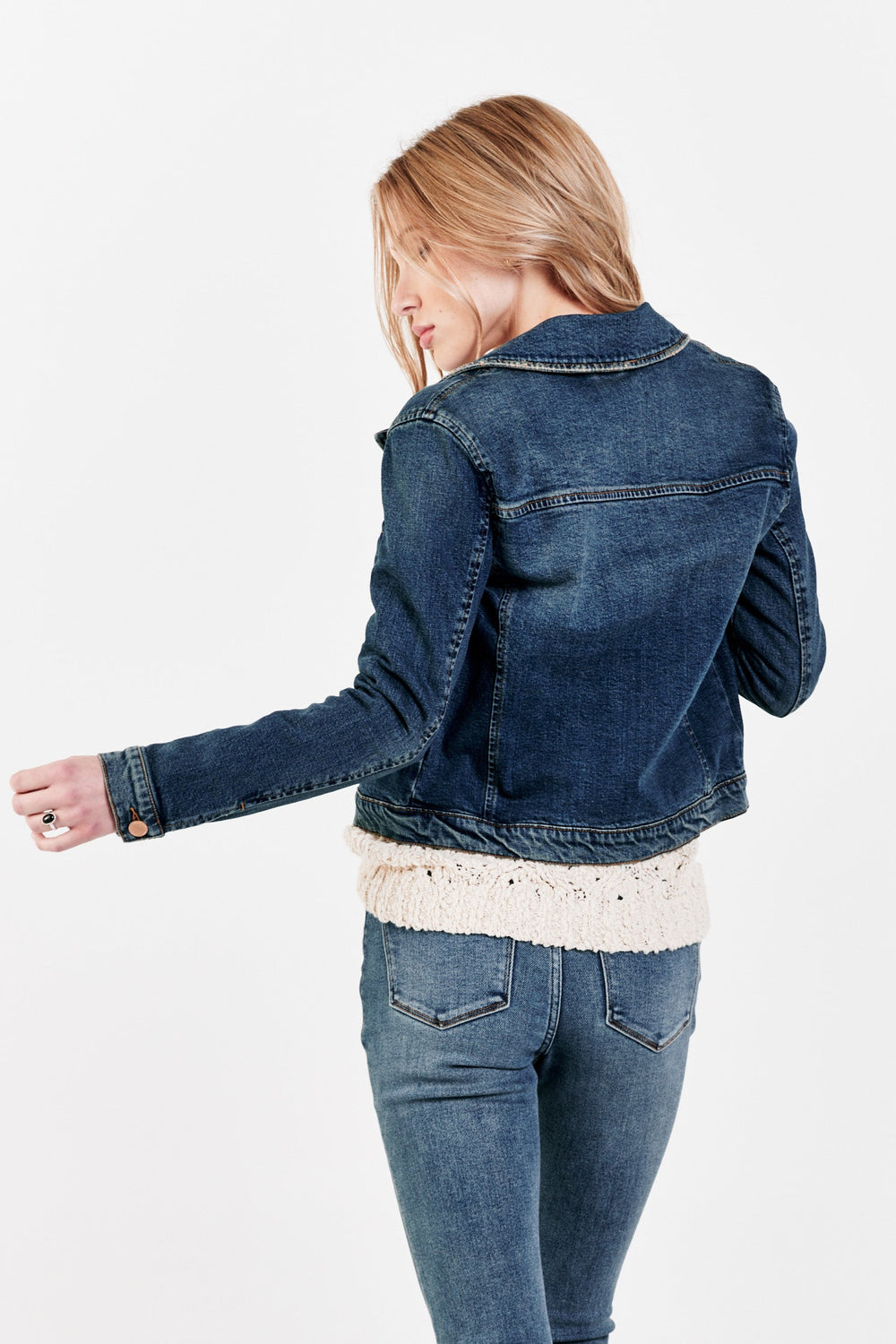 image of a female model wearing a NICOLE DENIM BLAZER JACKET LOGAN DEAR JOHN DENIM 