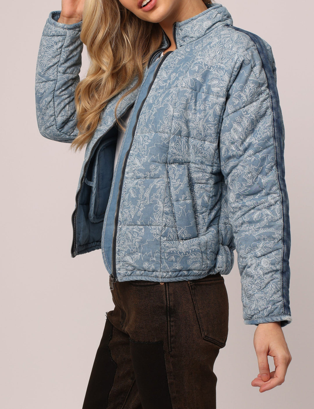 image of a female model wearing a EASTON QUILTED DENIM JACKET LIGHT UTOPIA JACKETS
