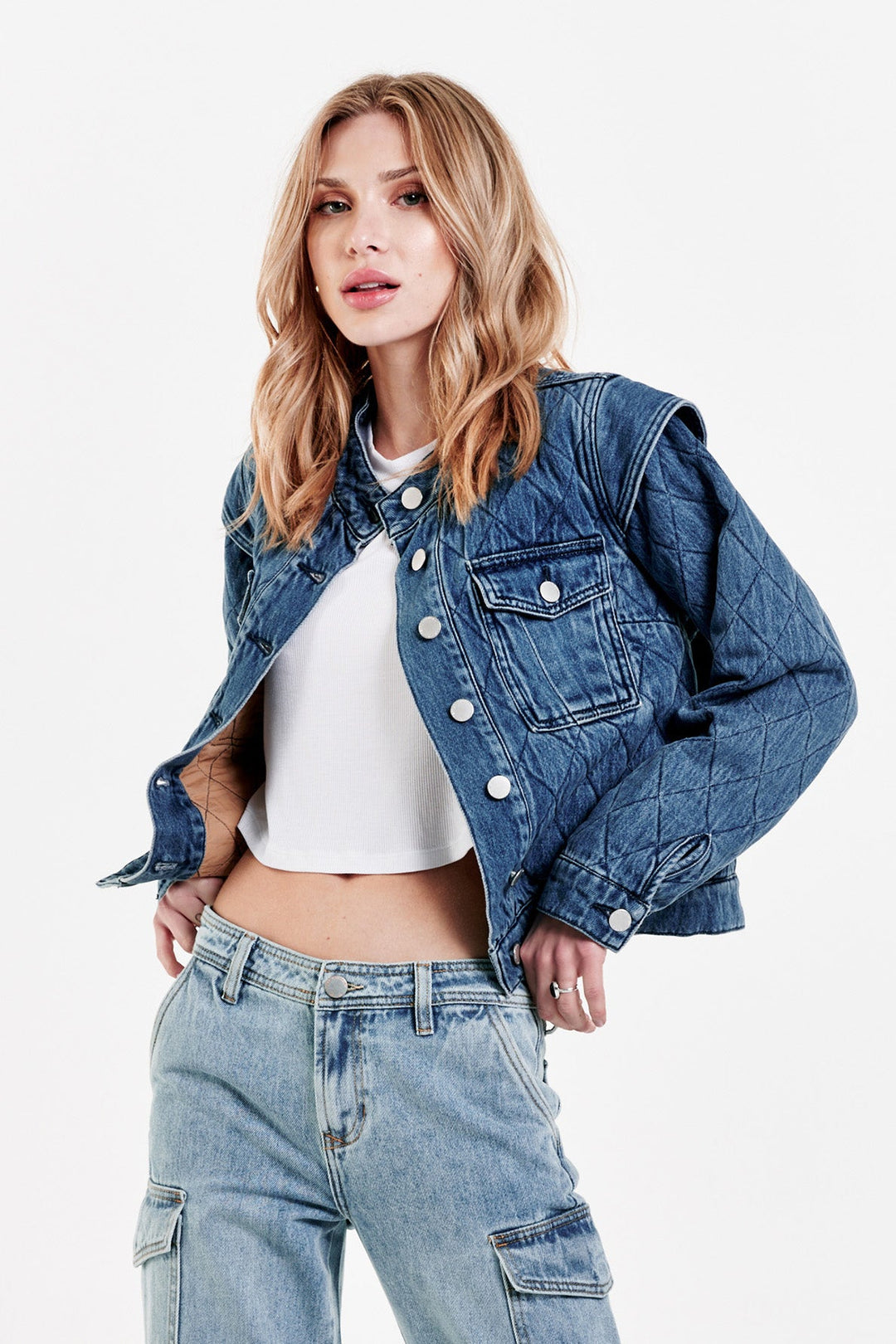 image of a female model wearing a COURTNEY QUILTED DENIM BOXY JACKET CRESCENT JACKETS