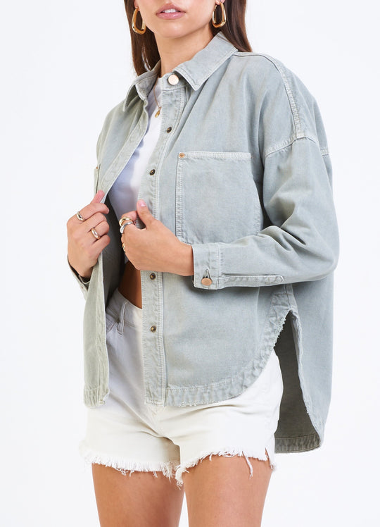 image of a female model wearing a GINA DENIM SHIRT JACKET DESERT SAGE DEAR JOHN DENIM 