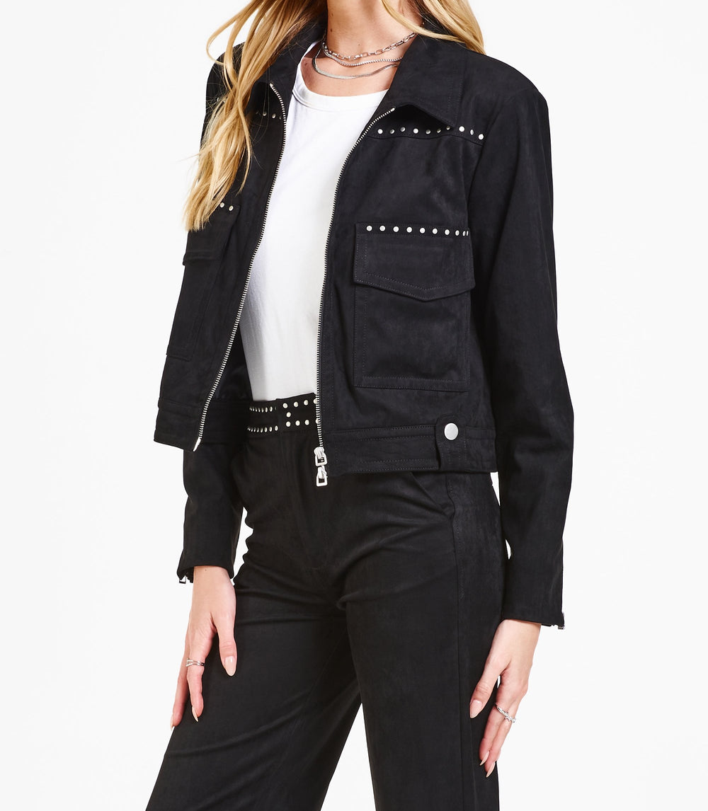 image of a female model wearing a EMILIA STUDDED JACKET BLACK SUEDE DEAR JOHN DENIM 