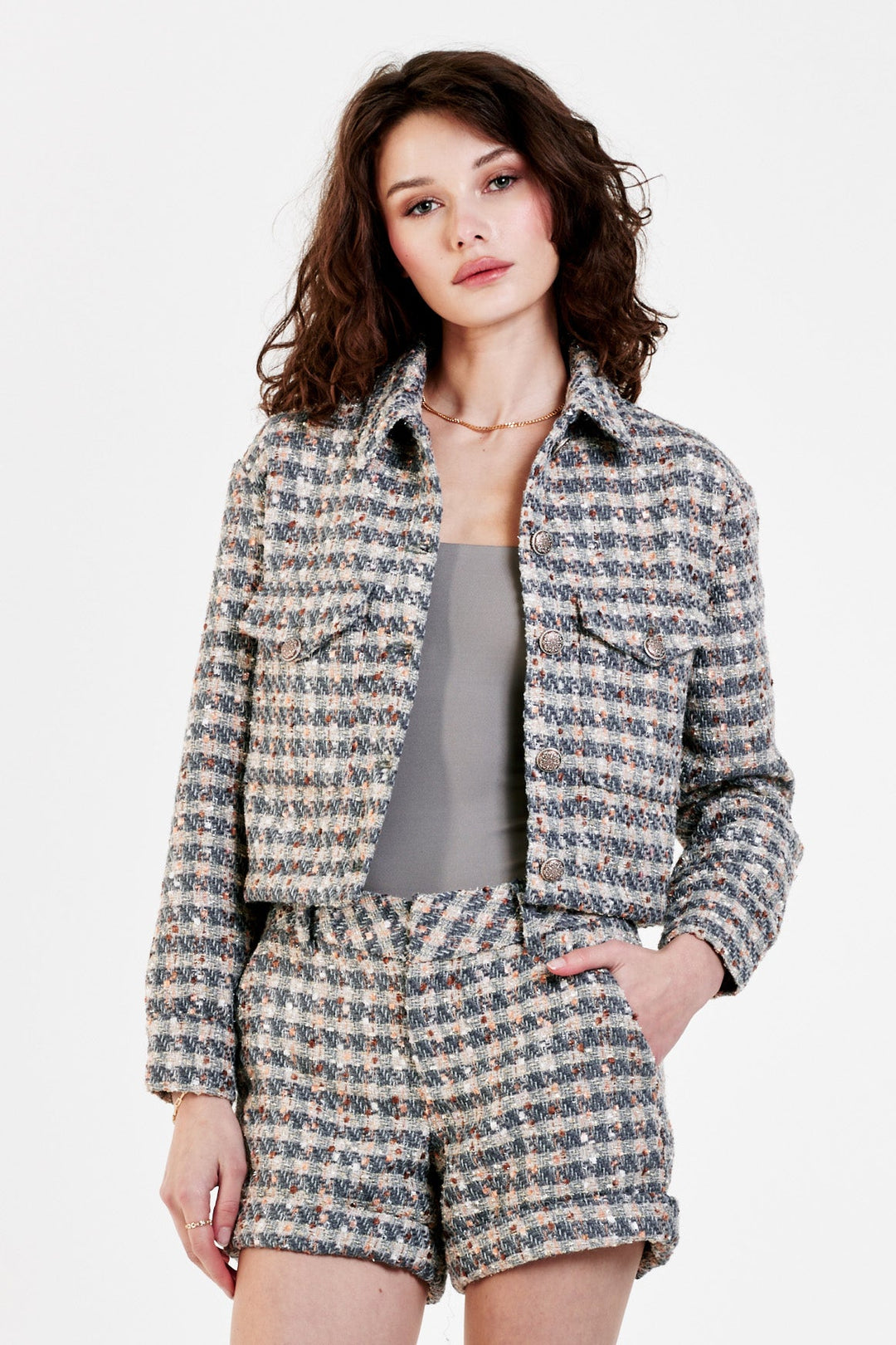 image of a female model wearing a MORGAN TWEED CROPPED JACKET SPARKING PINK JACKETS