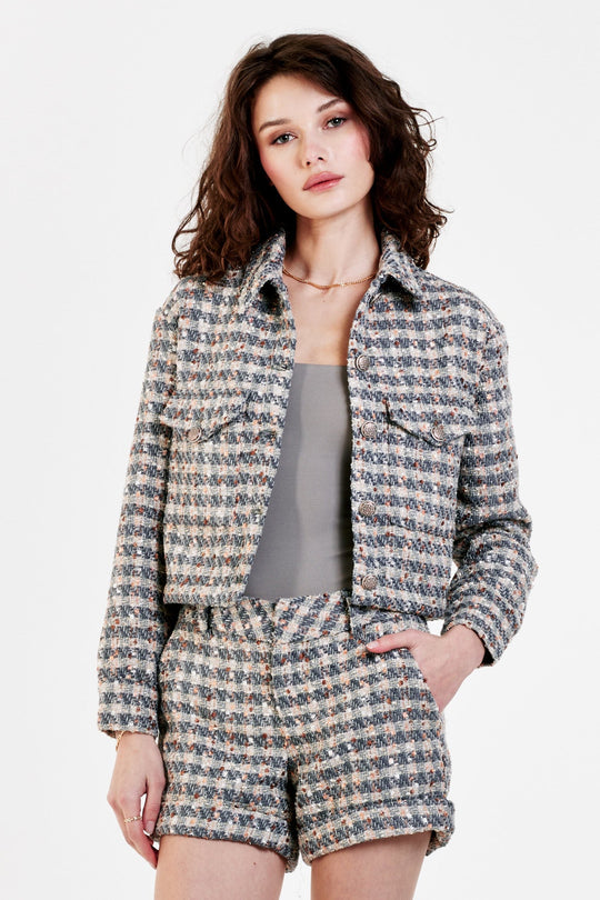 image of a female model wearing a MORGAN TWEED CROPPED JACKET SPARKLING PINK DEAR JOHN DENIM 