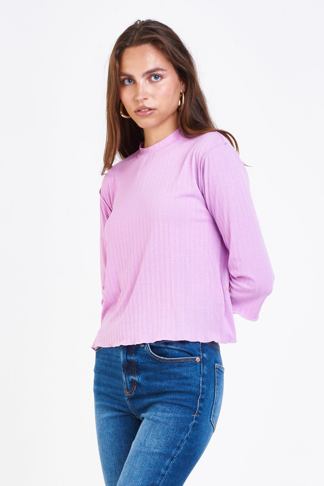 image of a female model wearing a JULIET VERIGATED RIB TOP PINK LAVENDER TOPS